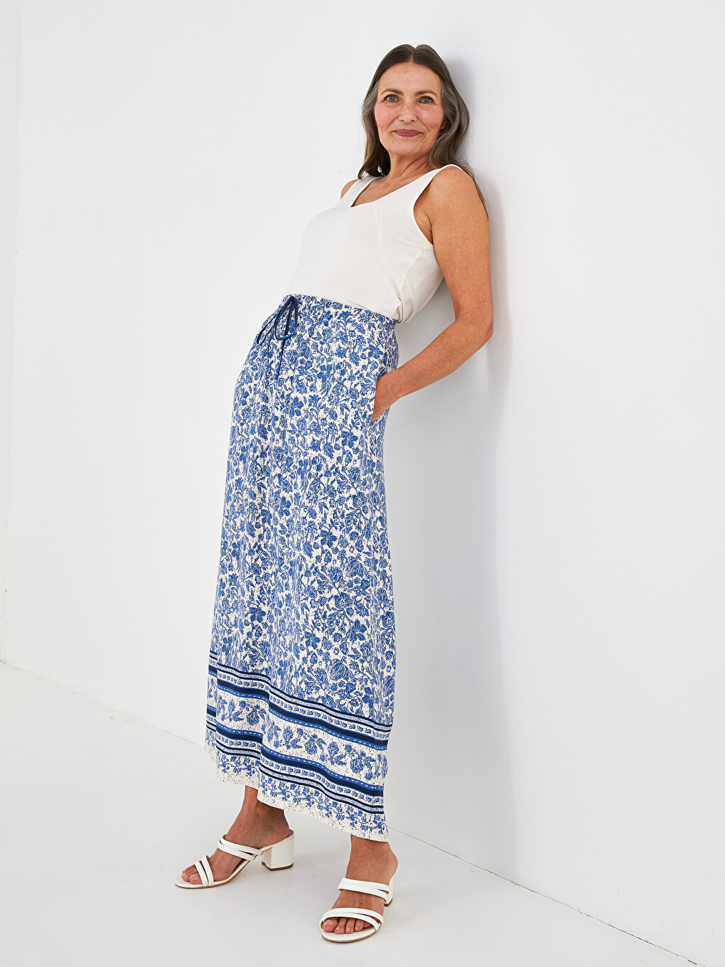 Elastic Waist Patterned A-cut Belmando Fabric Women's Skirt-2