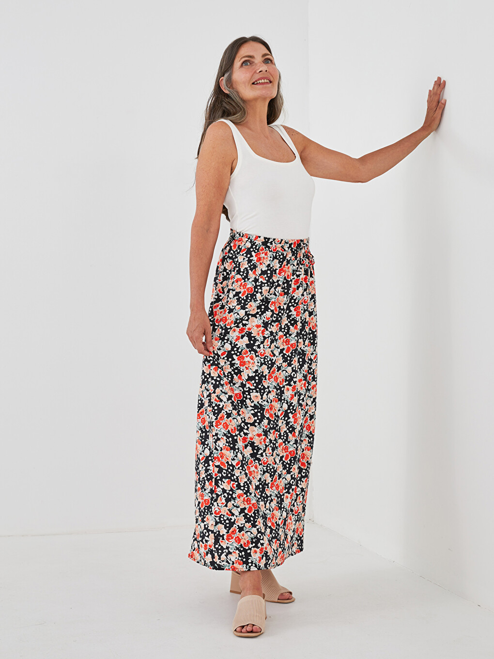 Elastic Waist Patterned A-cut Belmando Fabric Women's Skirt-5