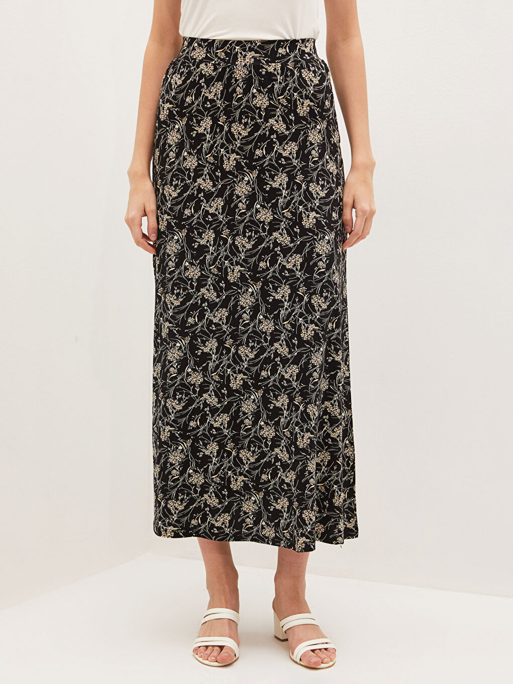 Siyah Beli Lastikli Desenli A Kesim Kadın Etek-2