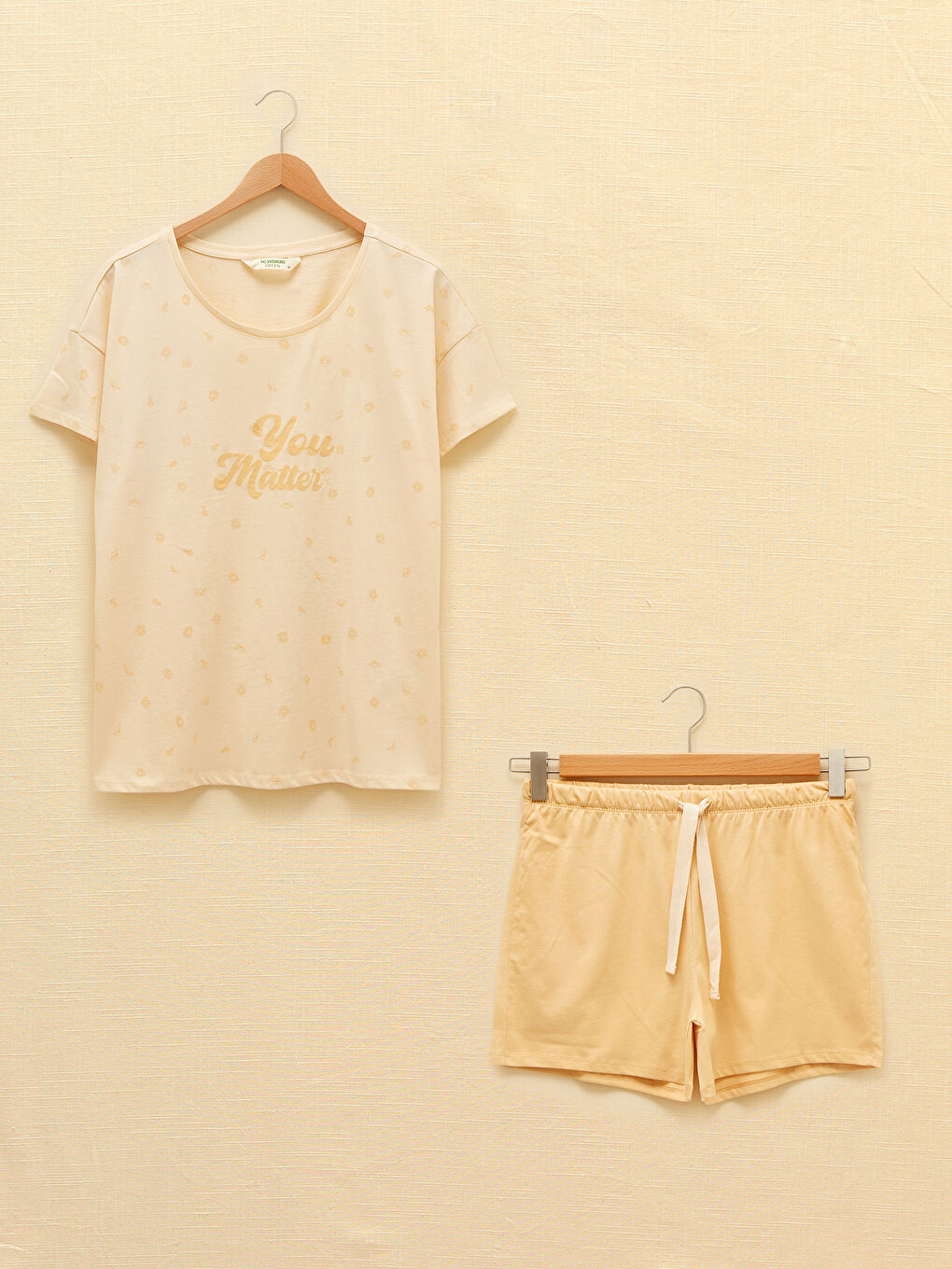 Sarı Bisiklet Yaka Doğal Boya İle Boyanmış Pamuklu Kadın Şortlu Pijama Takımı-6