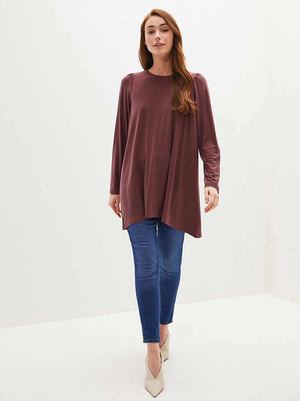 Pembe Bisiklet Yaka Düz Uzun Kollu Kadın Tunik-5