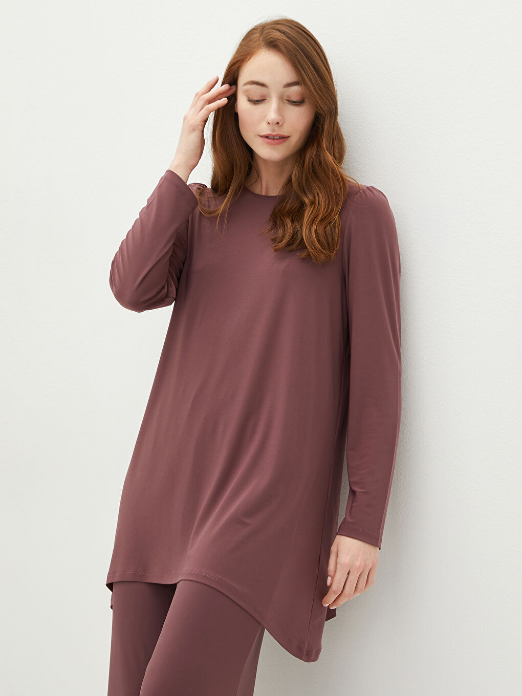 Pembe Bisiklet Yaka Düz Uzun Kollu Kadın Tunik