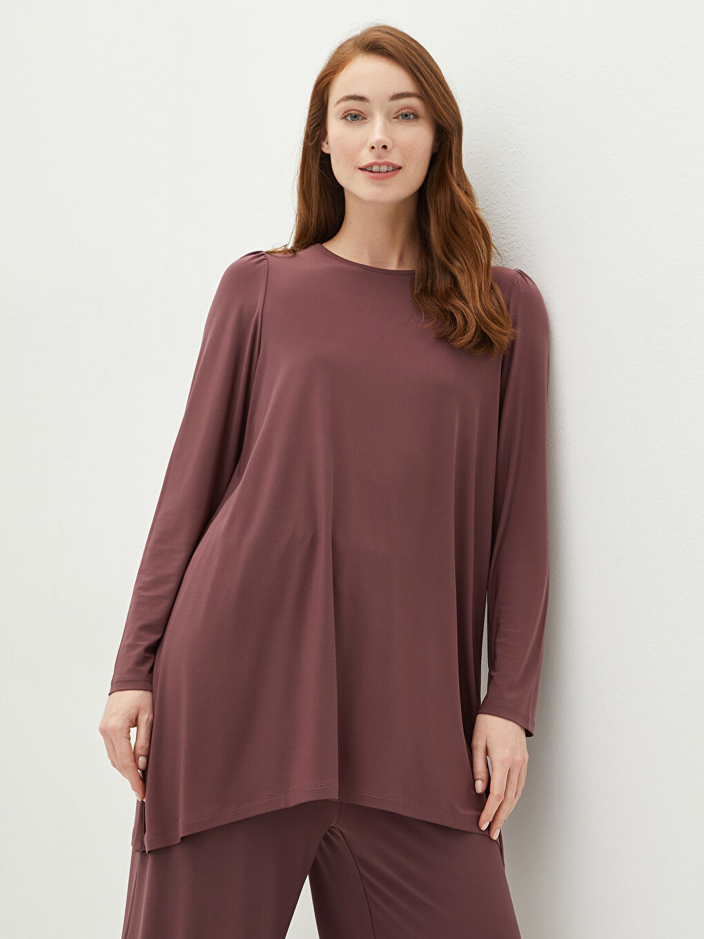 Pembe Bisiklet Yaka Düz Uzun Kollu Kadın Tunik-1