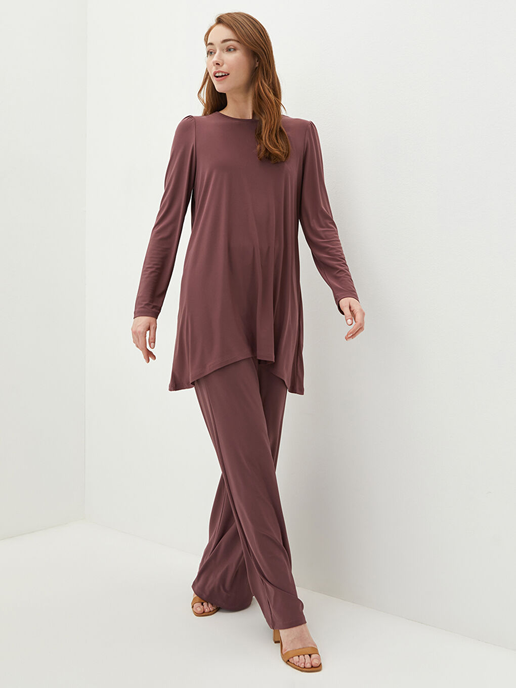 Pembe Bisiklet Yaka Düz Uzun Kollu Kadın Tunik-2