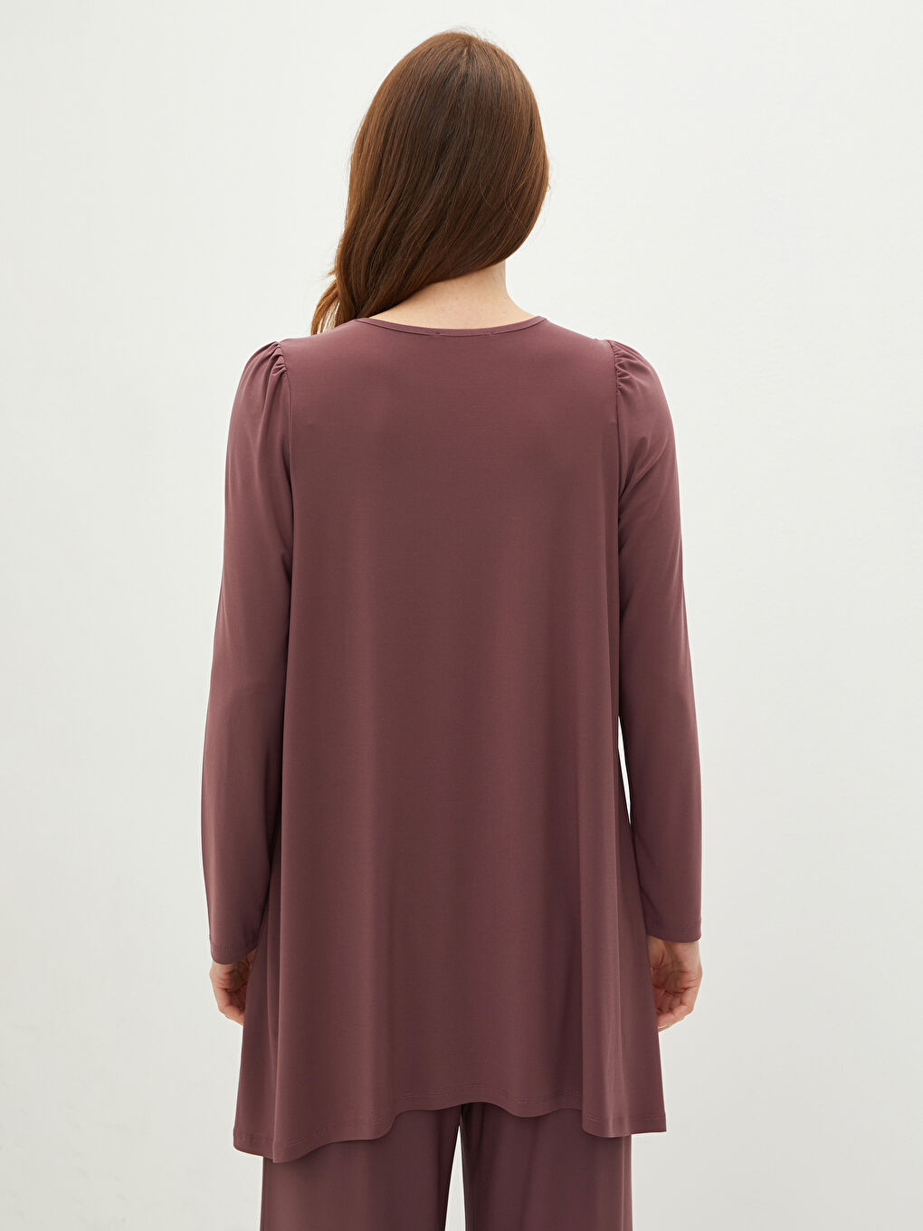 Pembe Bisiklet Yaka Düz Uzun Kollu Kadın Tunik-4