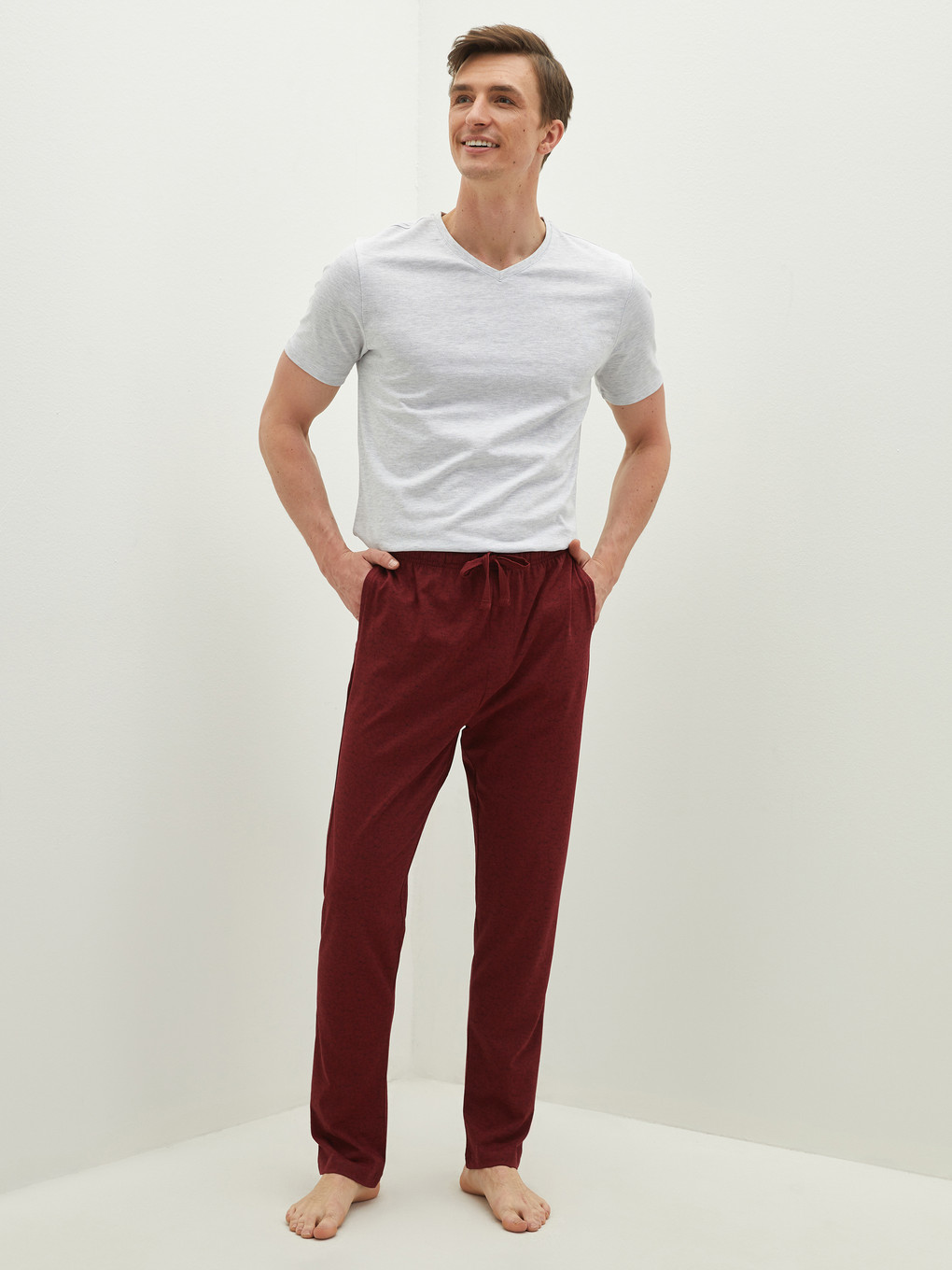 Bordo Standart Kalıp Desenli Erkek Pijama Alt