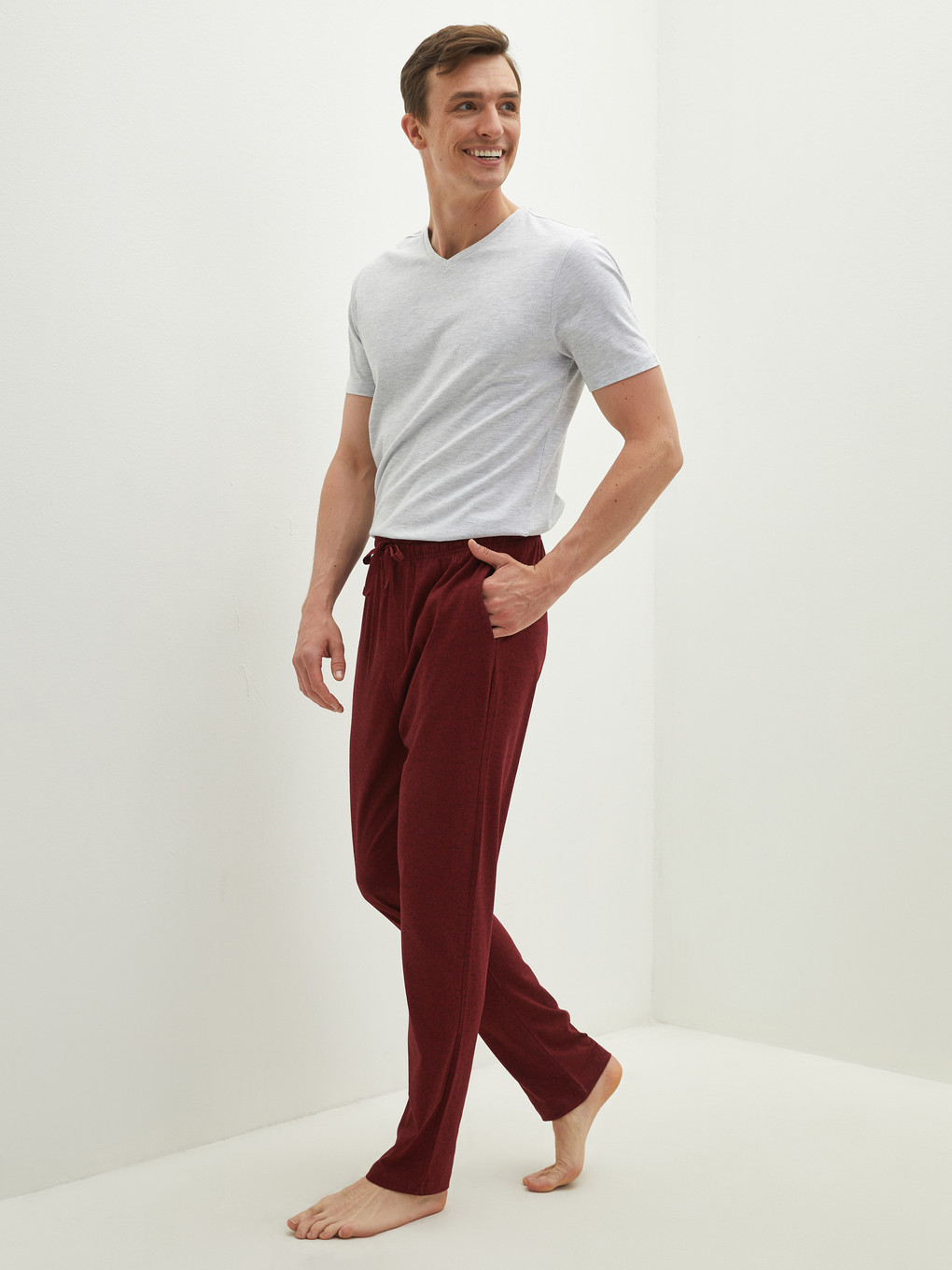 Bordo Standart Kalıp Desenli Erkek Pijama Alt-1