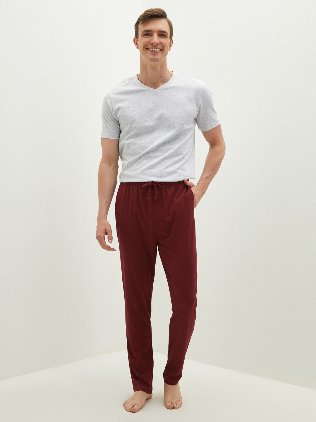 Bordo Standart Kalıp Desenli Erkek Pijama Alt-2
