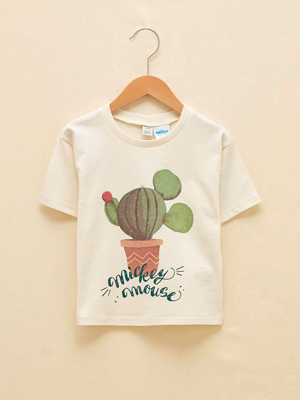 Bej Bisiklet Yaka Kısa Kollu Mickey Mouse Baskılı Erkek Bebek Tişört