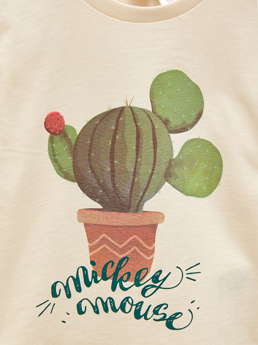 Bej Bisiklet Yaka Kısa Kollu Mickey Mouse Baskılı Erkek Bebek Tişört-1