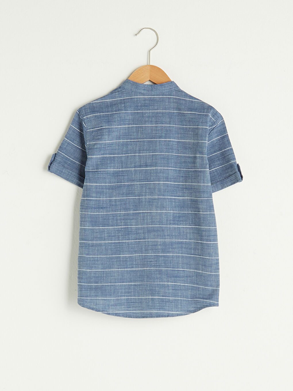 Cămașă băieți vărgată cu mânecă scurtă din poplin cu guler de judecător-1