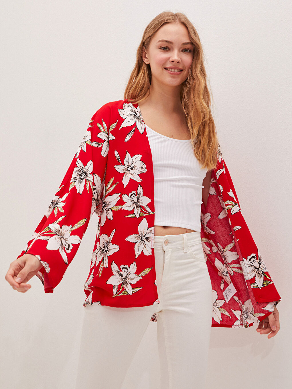Floral Printed Wide Sleeve Viscose Women's Kimono