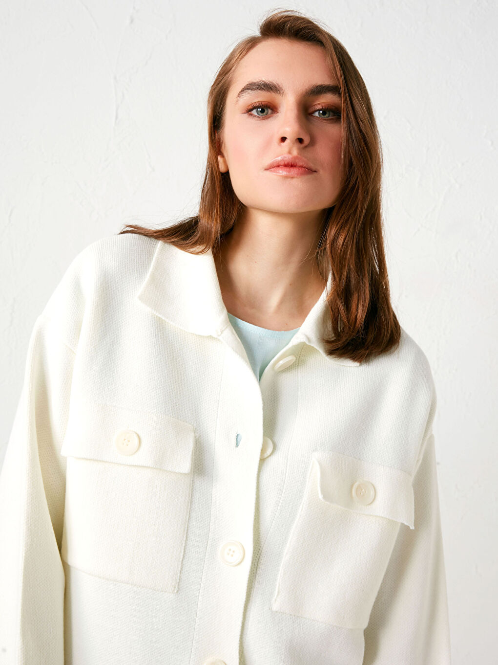 Ekru Ceket Yaka Cep Detaylı Uzun Kollu Kadın Triko Hırka-3