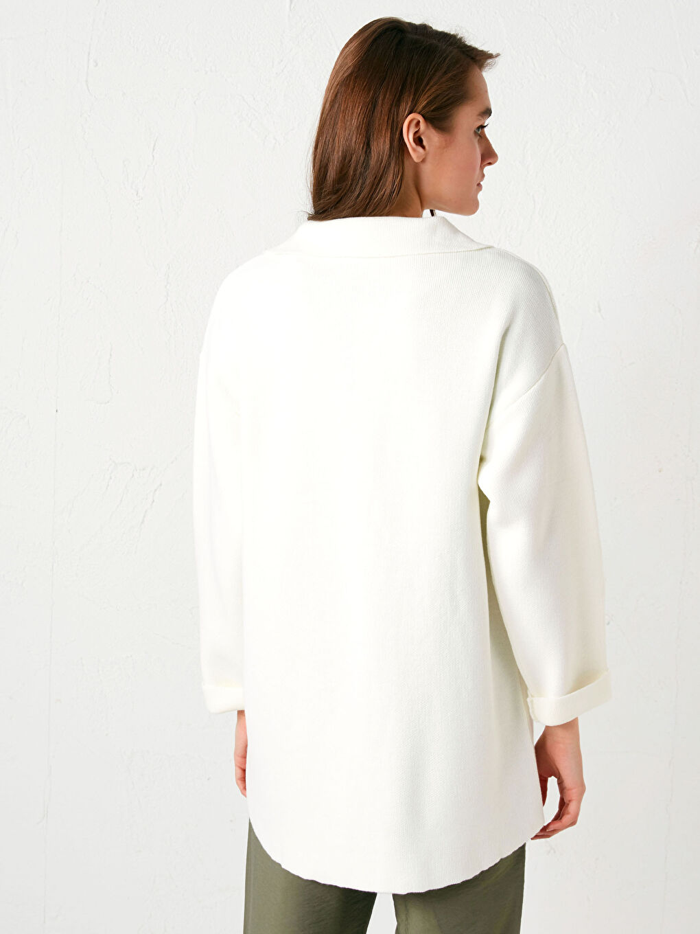 Ekru Ceket Yaka Cep Detaylı Uzun Kollu Kadın Triko Hırka-4