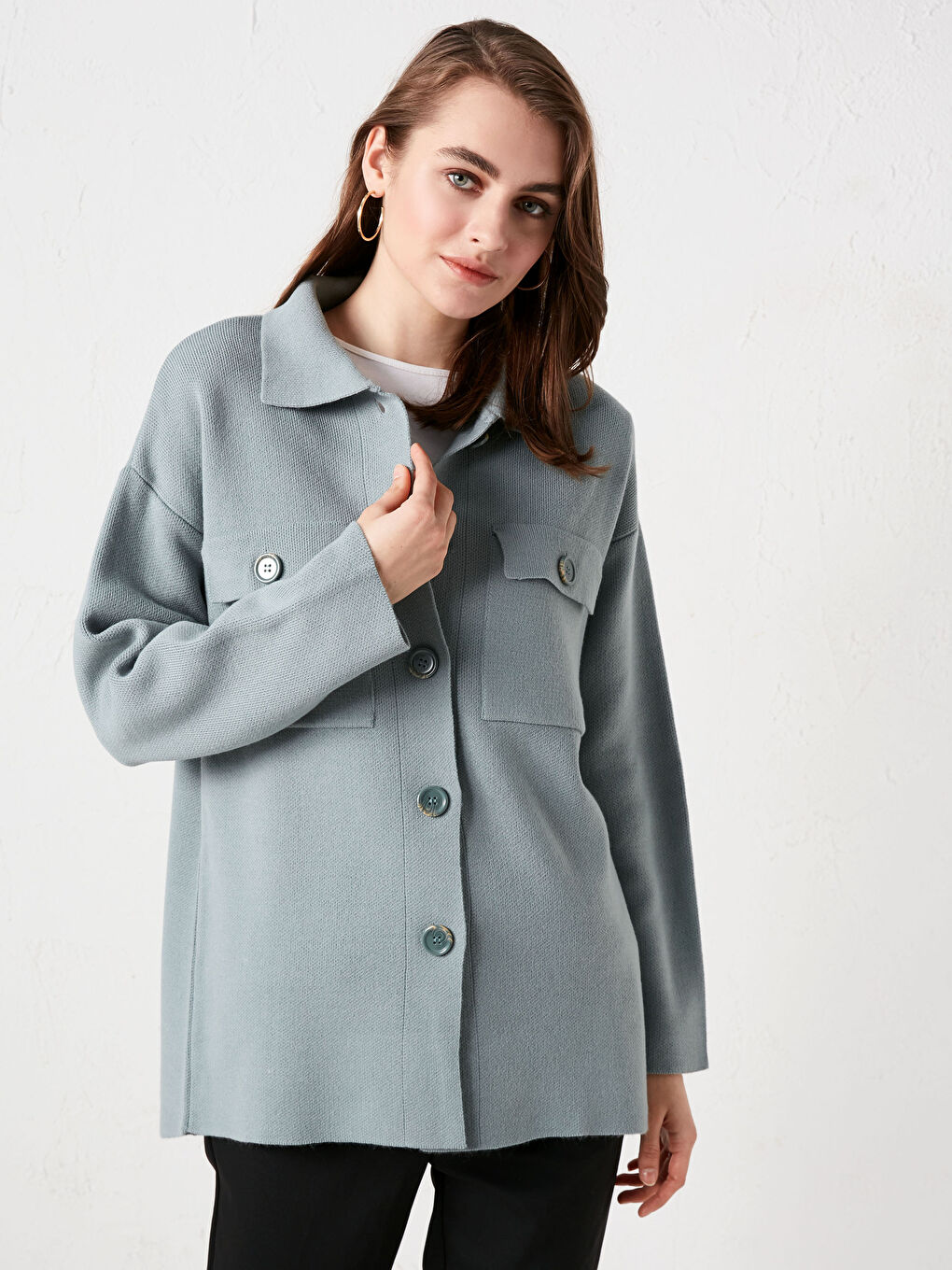 Yeşil Ceket Yaka Cep Detaylı Uzun Kollu Kadın Triko Hırka-1