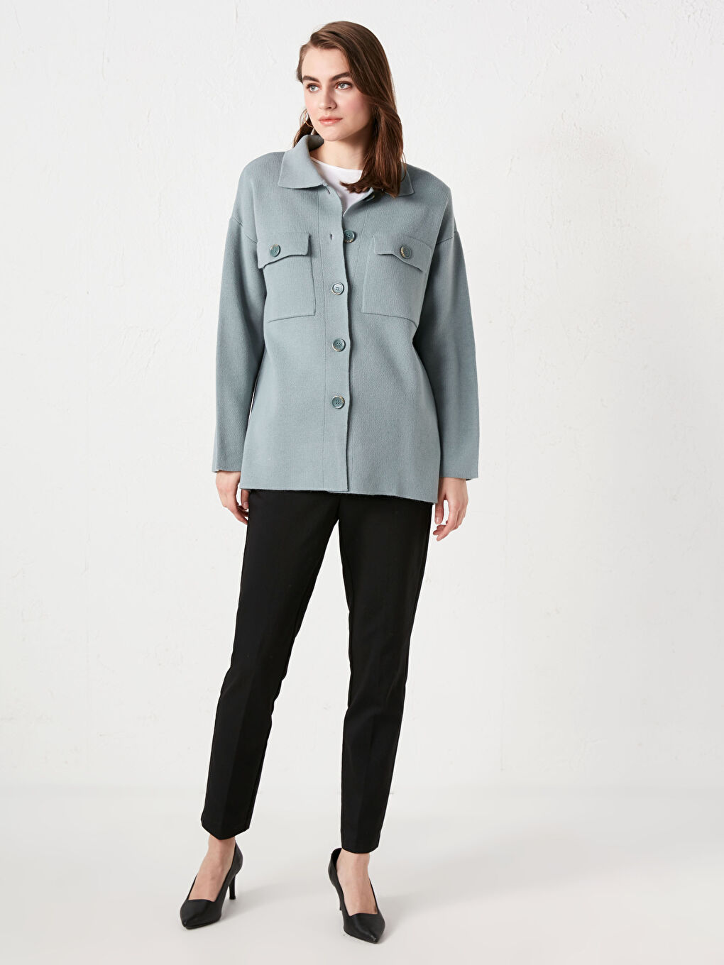 Yeşil Ceket Yaka Cep Detaylı Uzun Kollu Kadın Triko Hırka-2