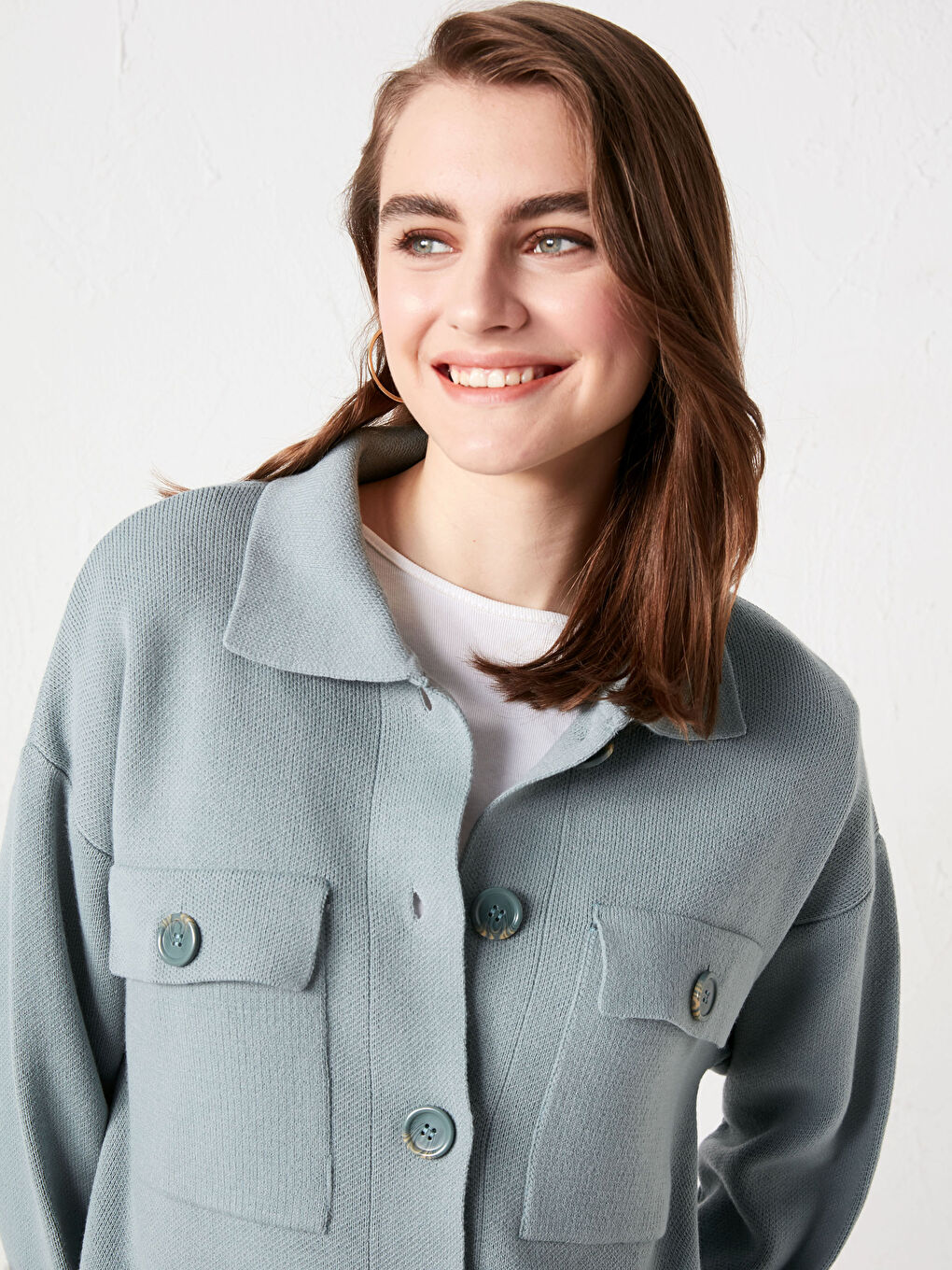 Yeşil Ceket Yaka Cep Detaylı Uzun Kollu Kadın Triko Hırka-3