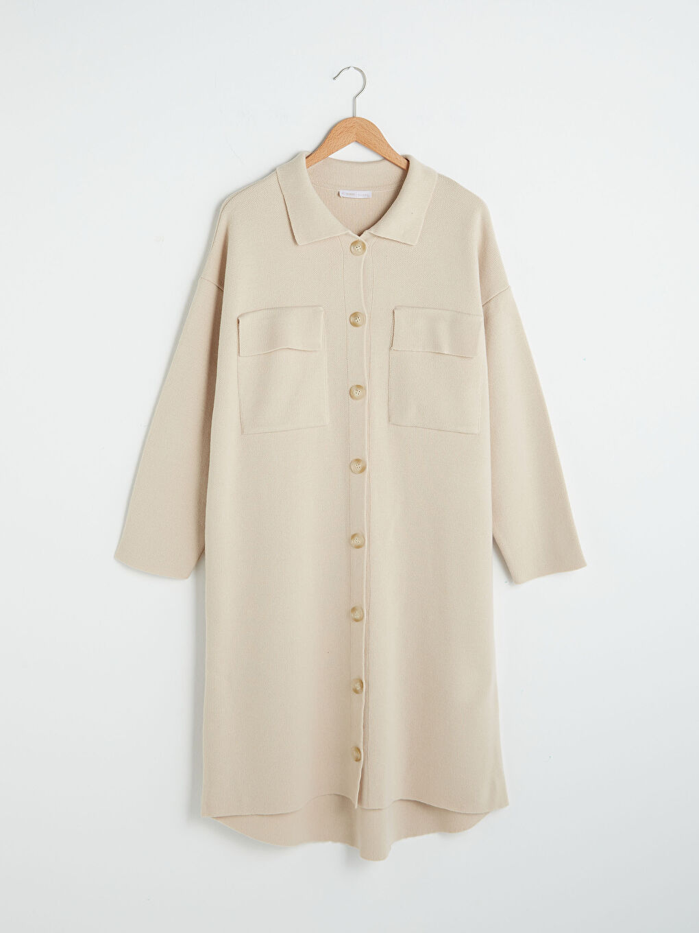 Bej Gömlek Yaka Cep Detaylı Uzun Kollu Kadın Triko Hırka-6