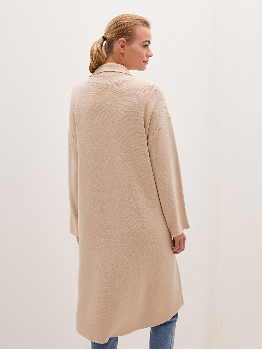 Bej Gömlek Yaka Cep Detaylı Uzun Kollu Kadın Triko Hırka-4