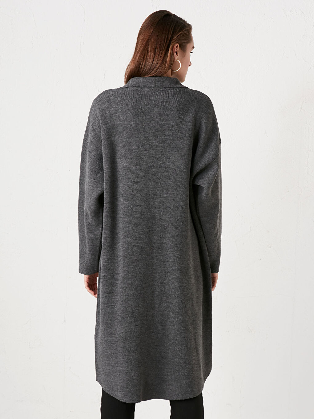 Antrasit Gömlek Yaka Cep Detaylı Uzun Kollu Kadın Triko Hırka-3