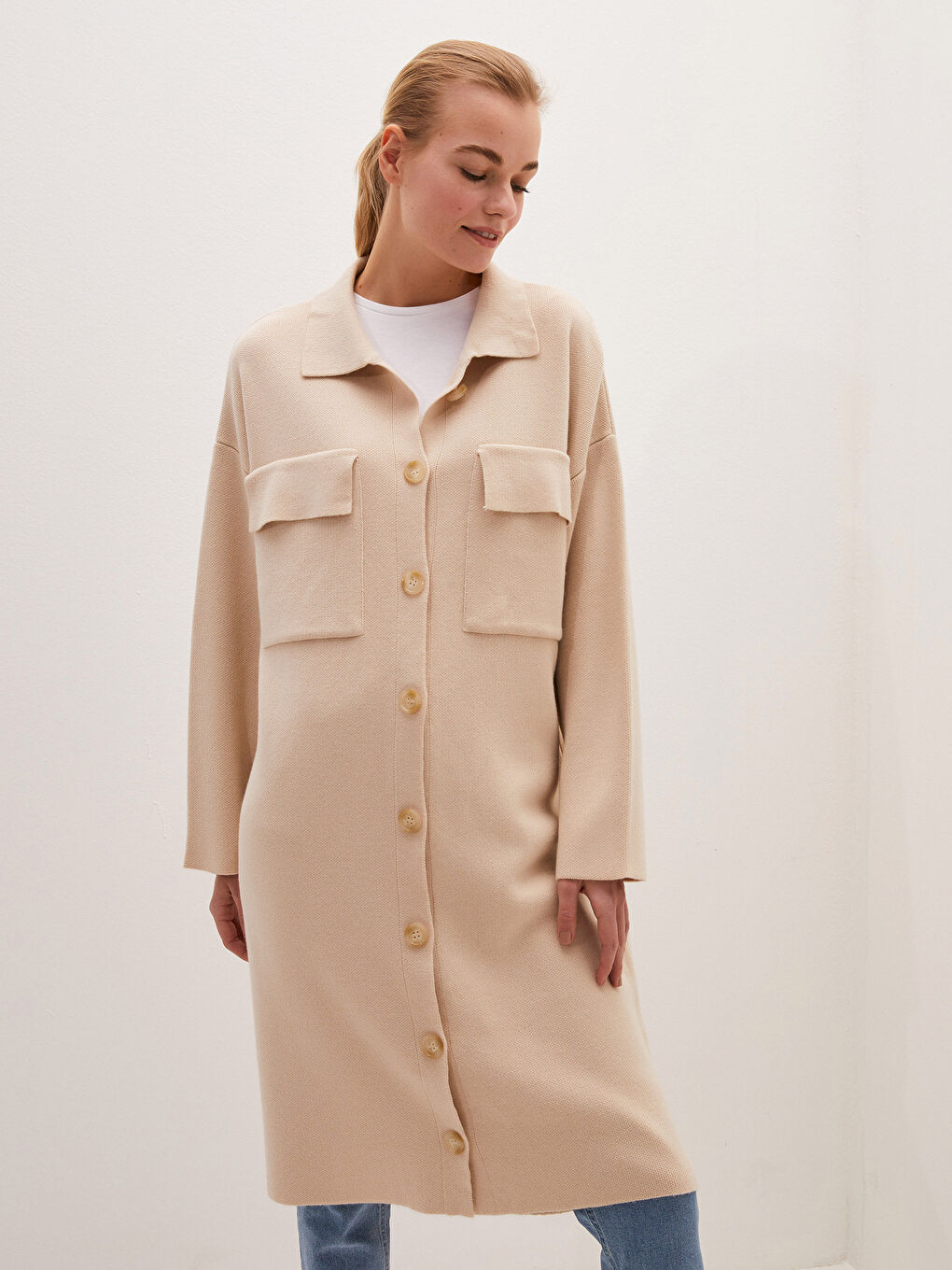 Bej Gömlek Yaka Cep Detaylı Uzun Kollu Kadın Triko Hırka-5