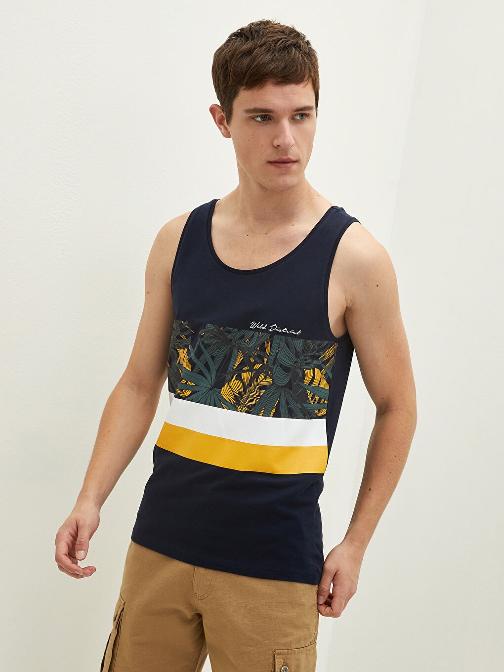 Lacivert Bisiklet Yaka Baskılı Pamuklu Erkek Kolsuz Tişört-1