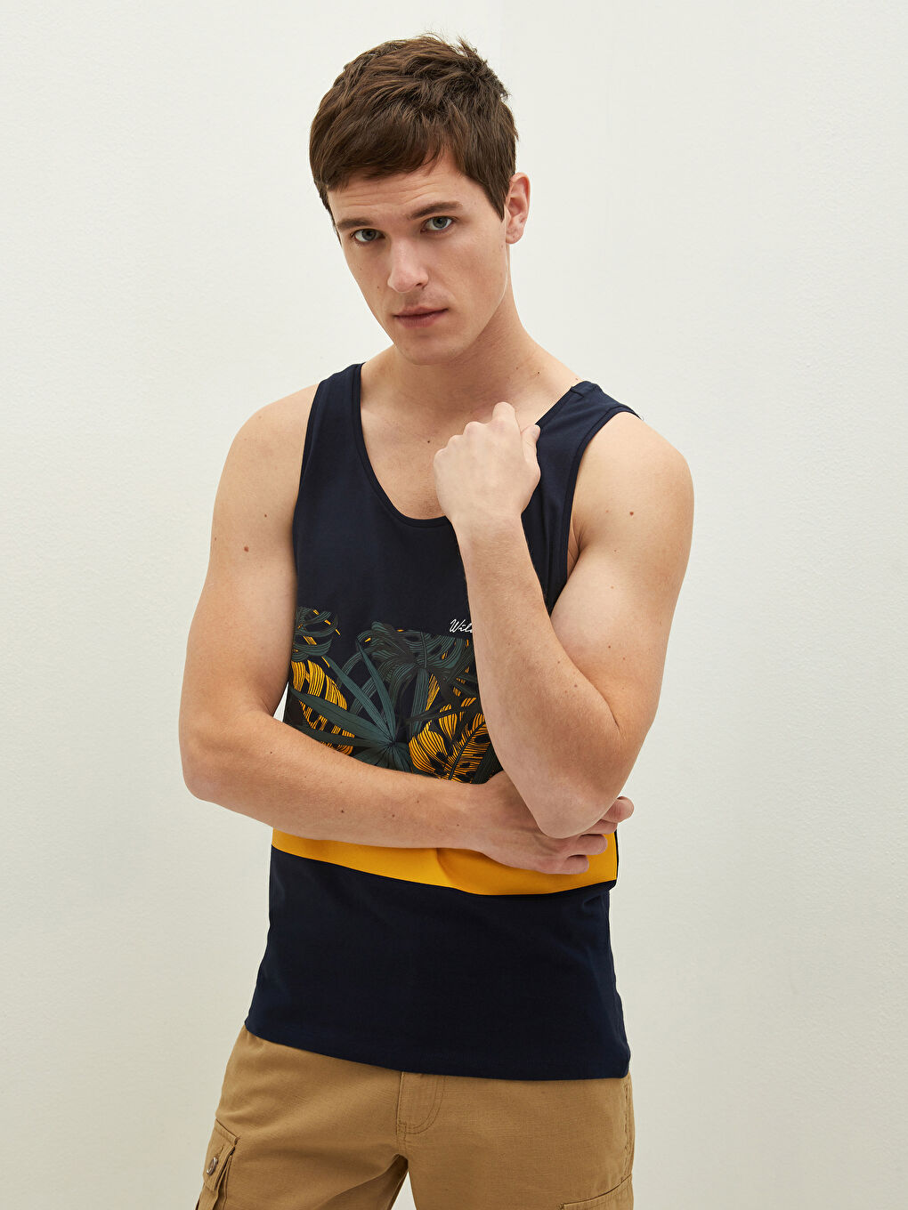 Lacivert Bisiklet Yaka Baskılı Pamuklu Erkek Kolsuz Tişört-2