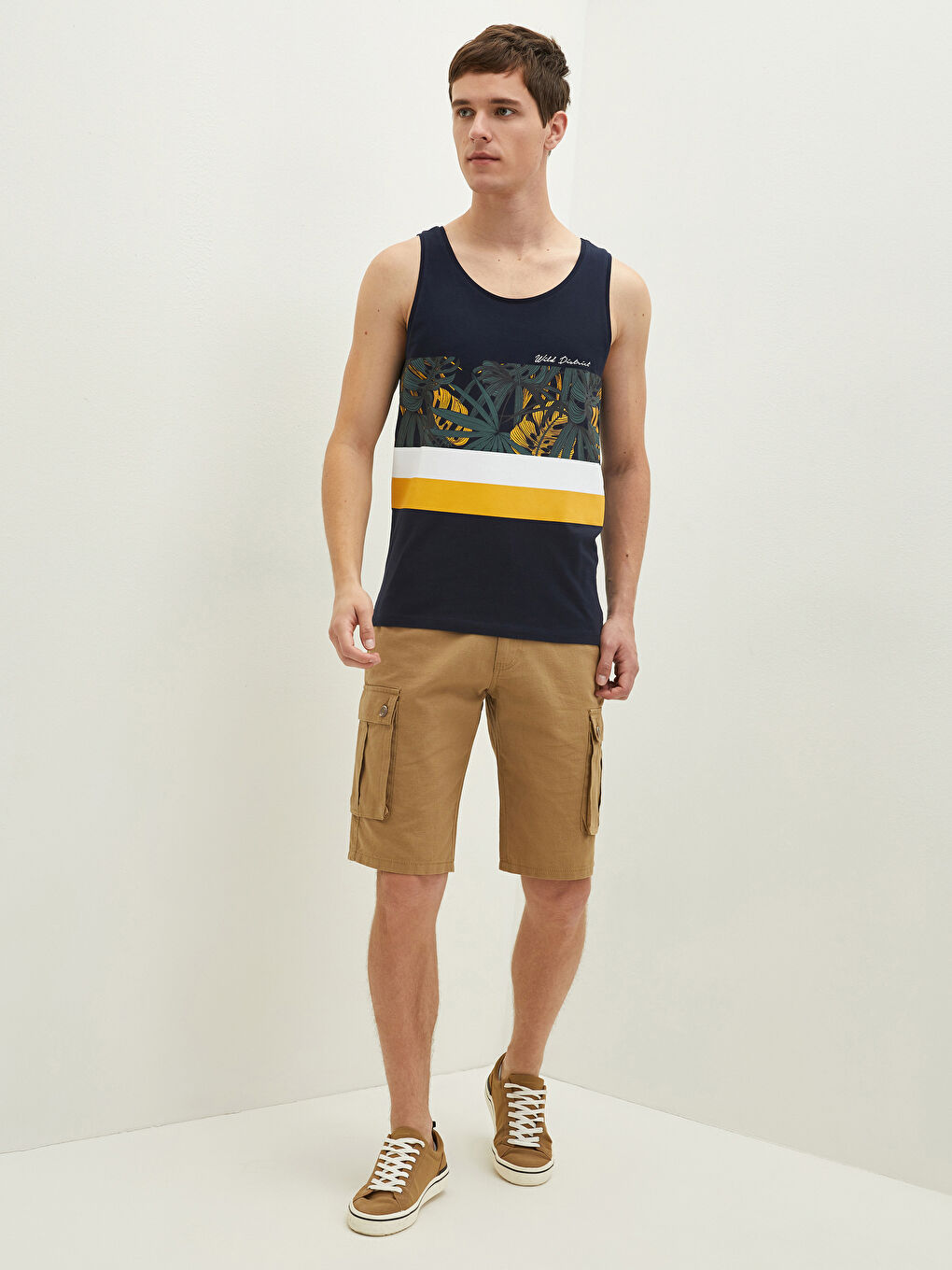 Lacivert Bisiklet Yaka Baskılı Pamuklu Erkek Kolsuz Tişört-3