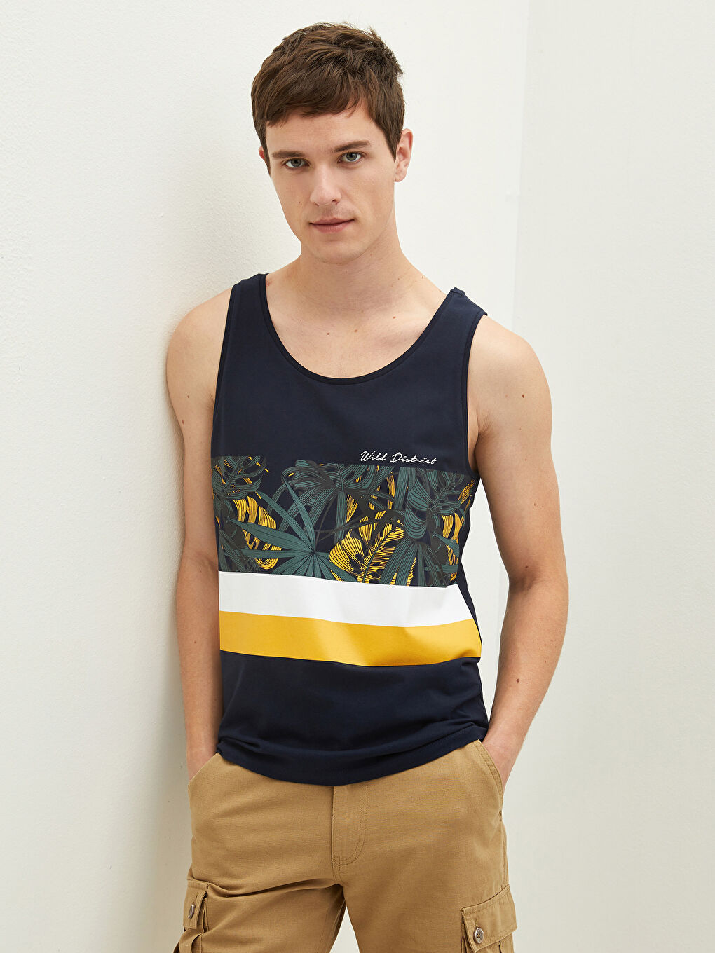 Lacivert Bisiklet Yaka Baskılı Pamuklu Erkek Kolsuz Tişört-5