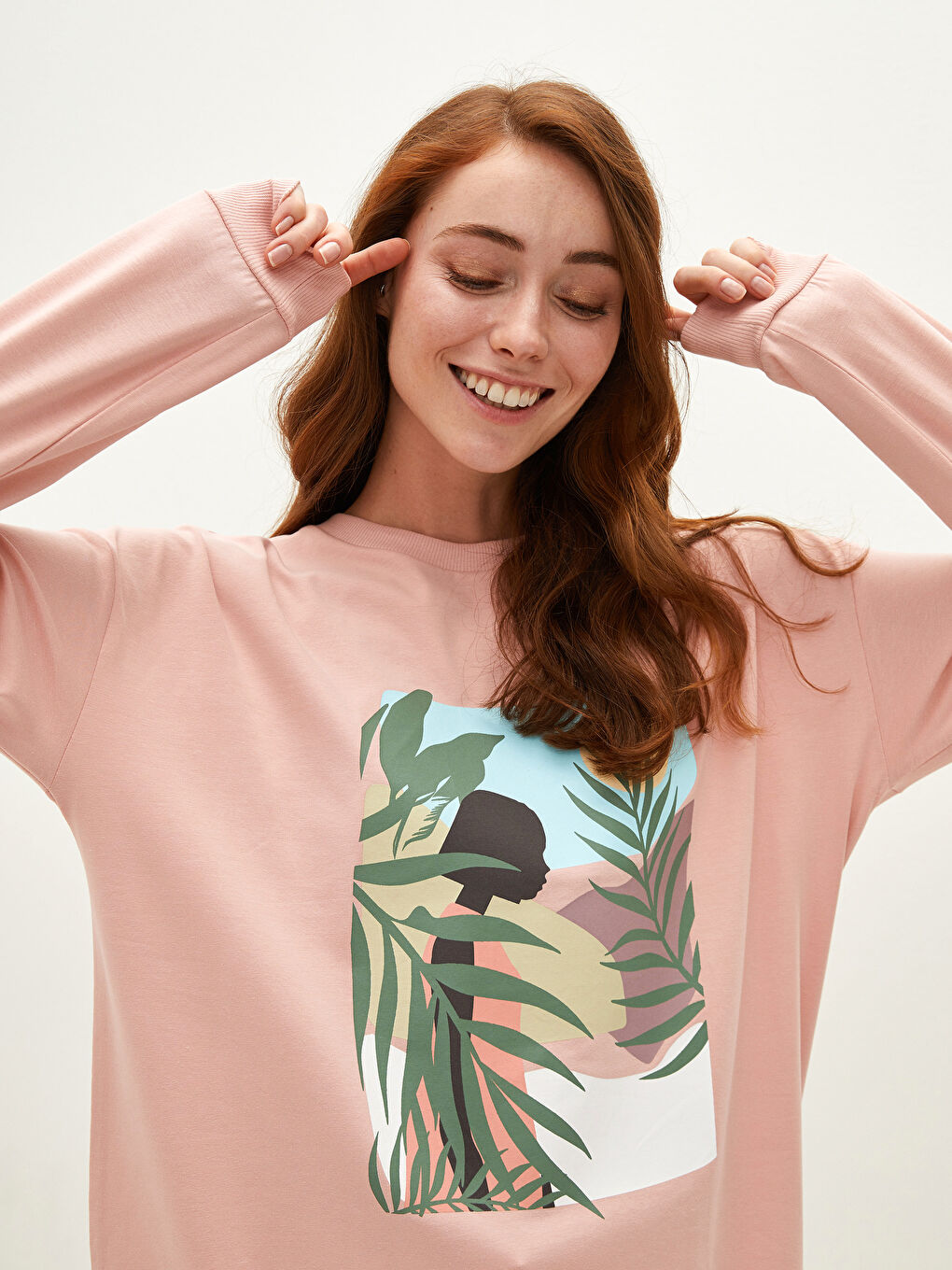 Pembe Bisiklet Yaka Baskılı Uzun Kollu Pamuklu Kadın Tunik