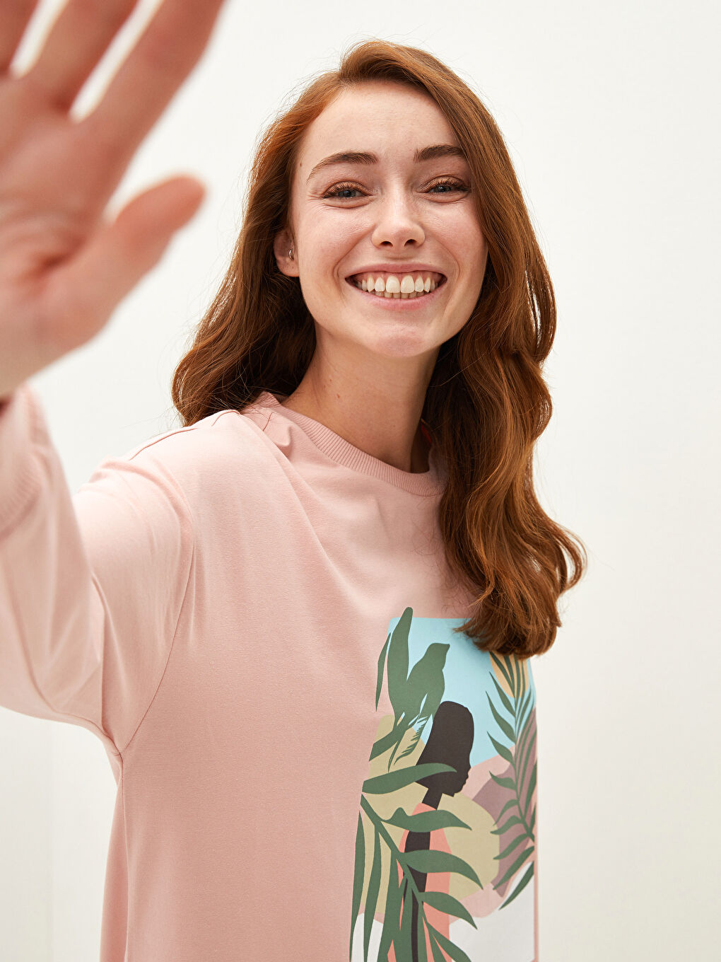 Pembe Bisiklet Yaka Baskılı Uzun Kollu Pamuklu Kadın Tunik-2