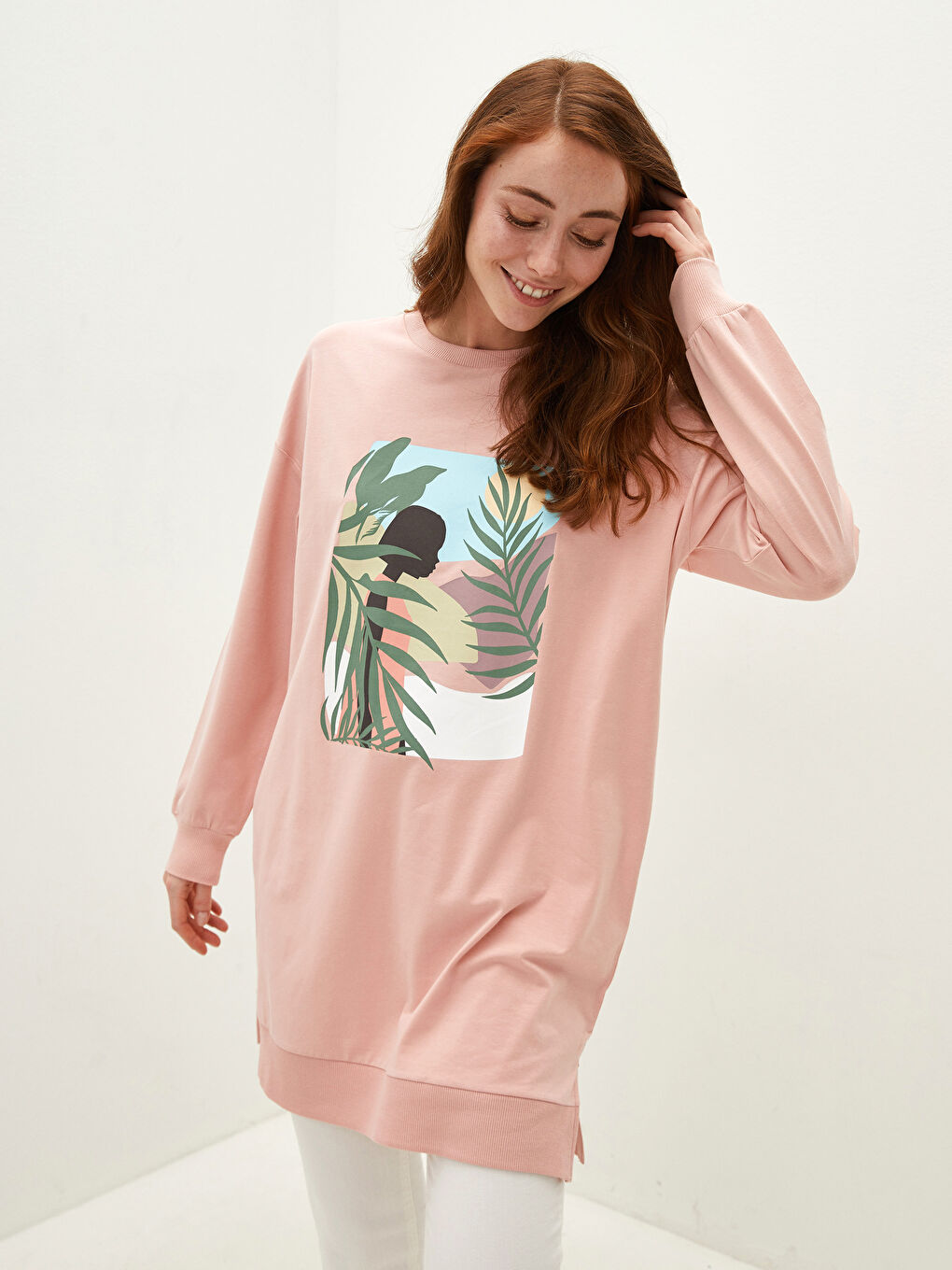 Pembe Bisiklet Yaka Baskılı Uzun Kollu Pamuklu Kadın Tunik-3