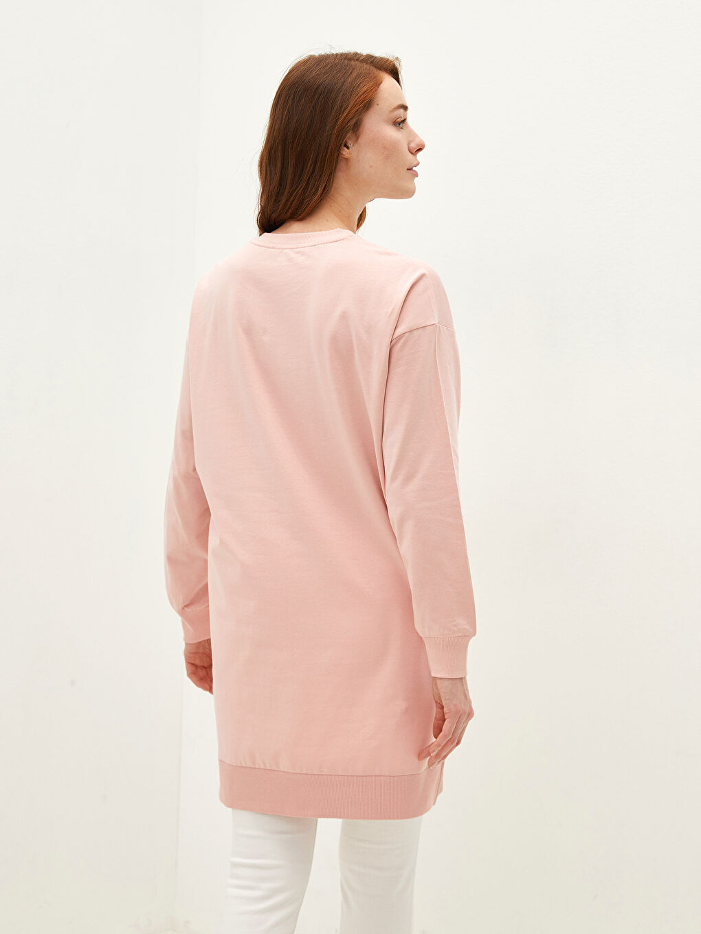 Pembe Bisiklet Yaka Baskılı Uzun Kollu Pamuklu Kadın Tunik-4