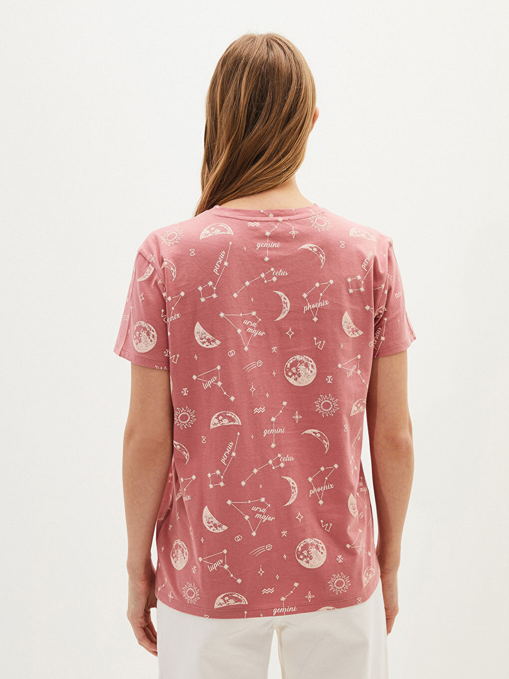 Pembe Bisiklet Yaka Baskılı Kısa Kollu Pamuklu Kadın Tişört-5