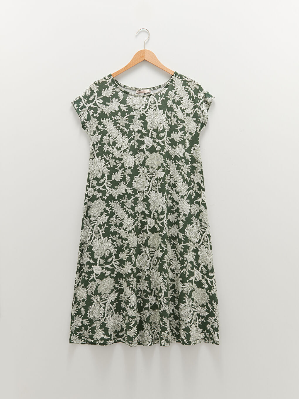 Yeşil Bisiklet Yaka Desenli A Kesim Kısa Kollu Kadın Elbise-5