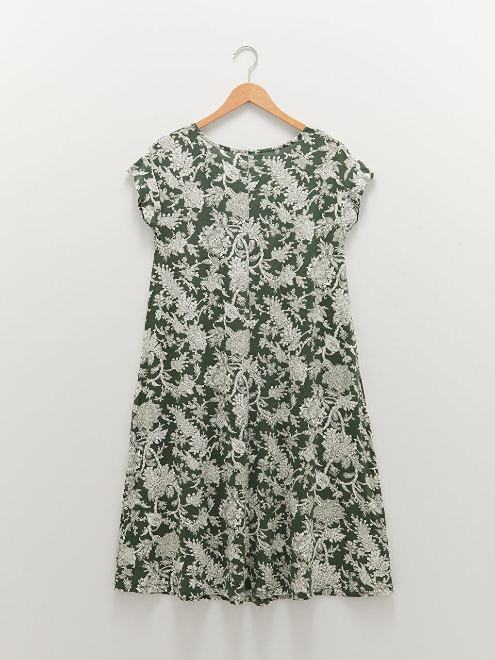 Yeşil Bisiklet Yaka Desenli A Kesim Kısa Kollu Kadın Elbise-6