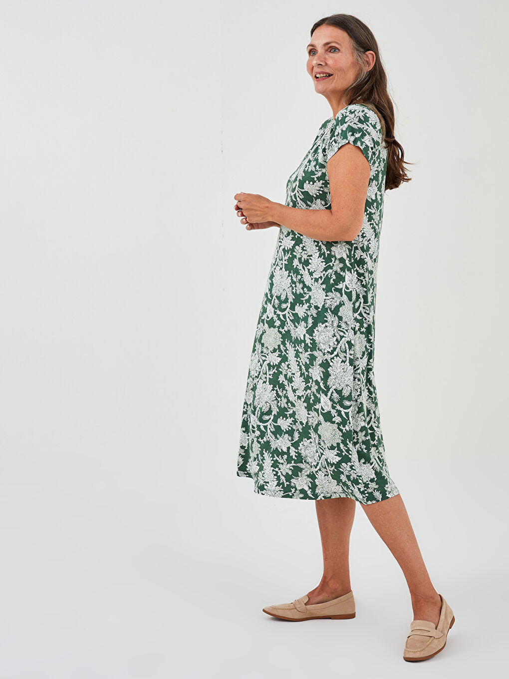 Yeşil Bisiklet Yaka Desenli A Kesim Kısa Kollu Kadın Elbise-2