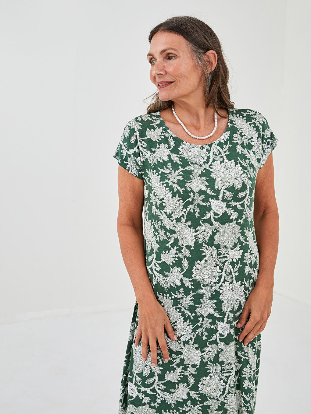 Yeşil Bisiklet Yaka Desenli A Kesim Kısa Kollu Kadın Elbise-3