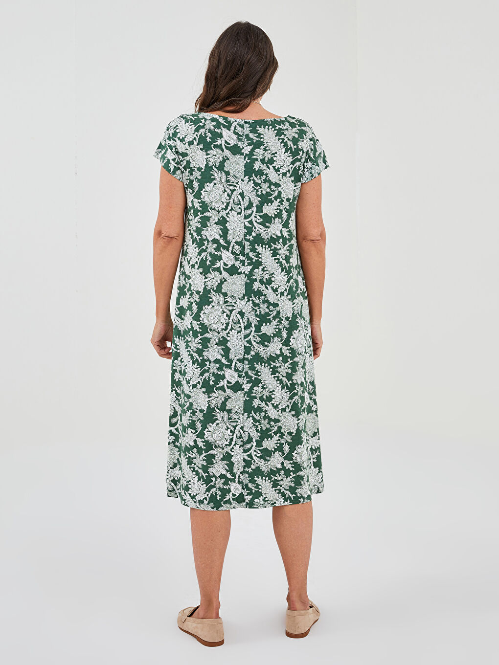 Yeşil Bisiklet Yaka Desenli A Kesim Kısa Kollu Kadın Elbise-4