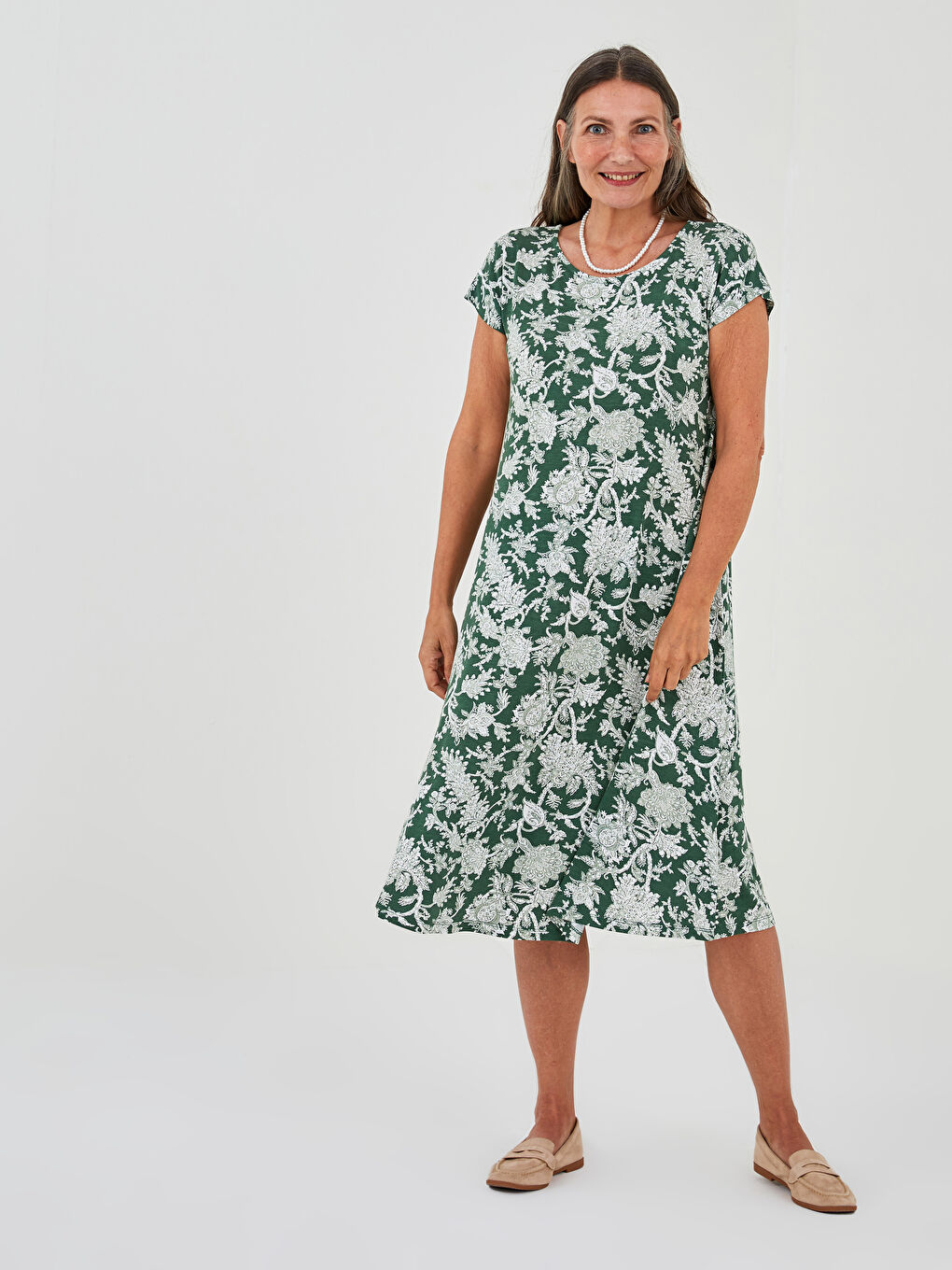 Yeşil Bisiklet Yaka Desenli A Kesim Kısa Kollu Kadın Elbise-1