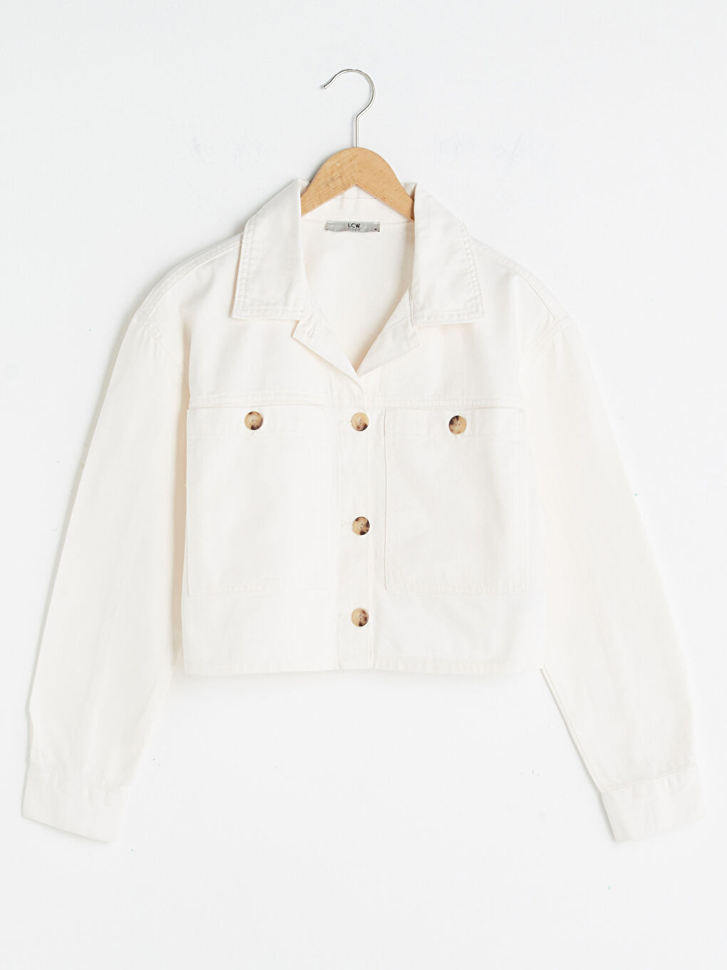 Ekru Gömlek Yaka Cep Detaylı Uzun Kollu Kadın Jean Ceket-7