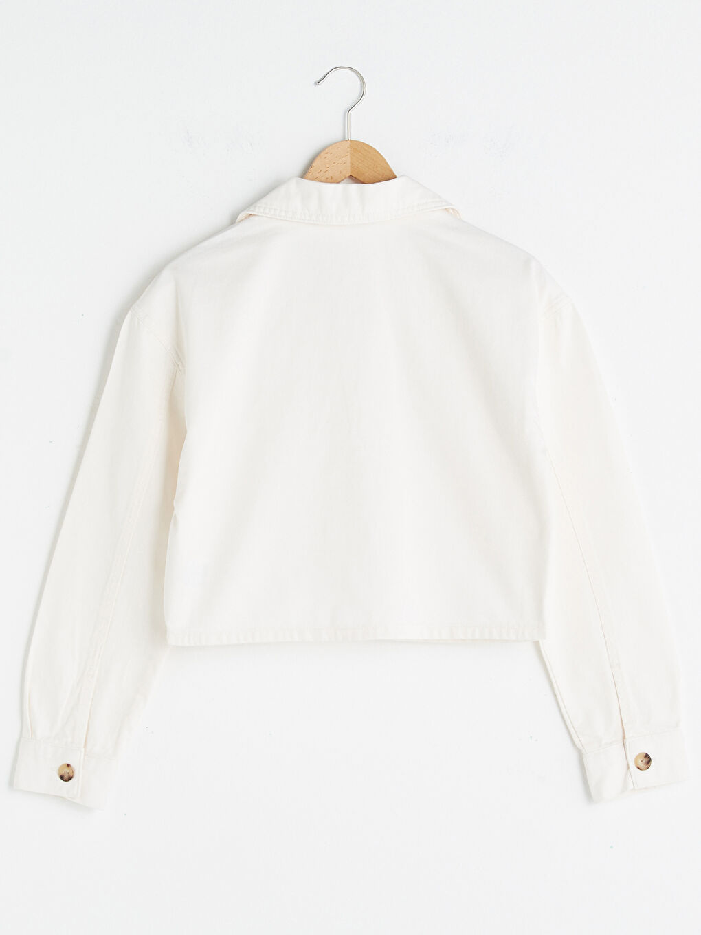 Ekru Gömlek Yaka Cep Detaylı Uzun Kollu Kadın Jean Ceket-8