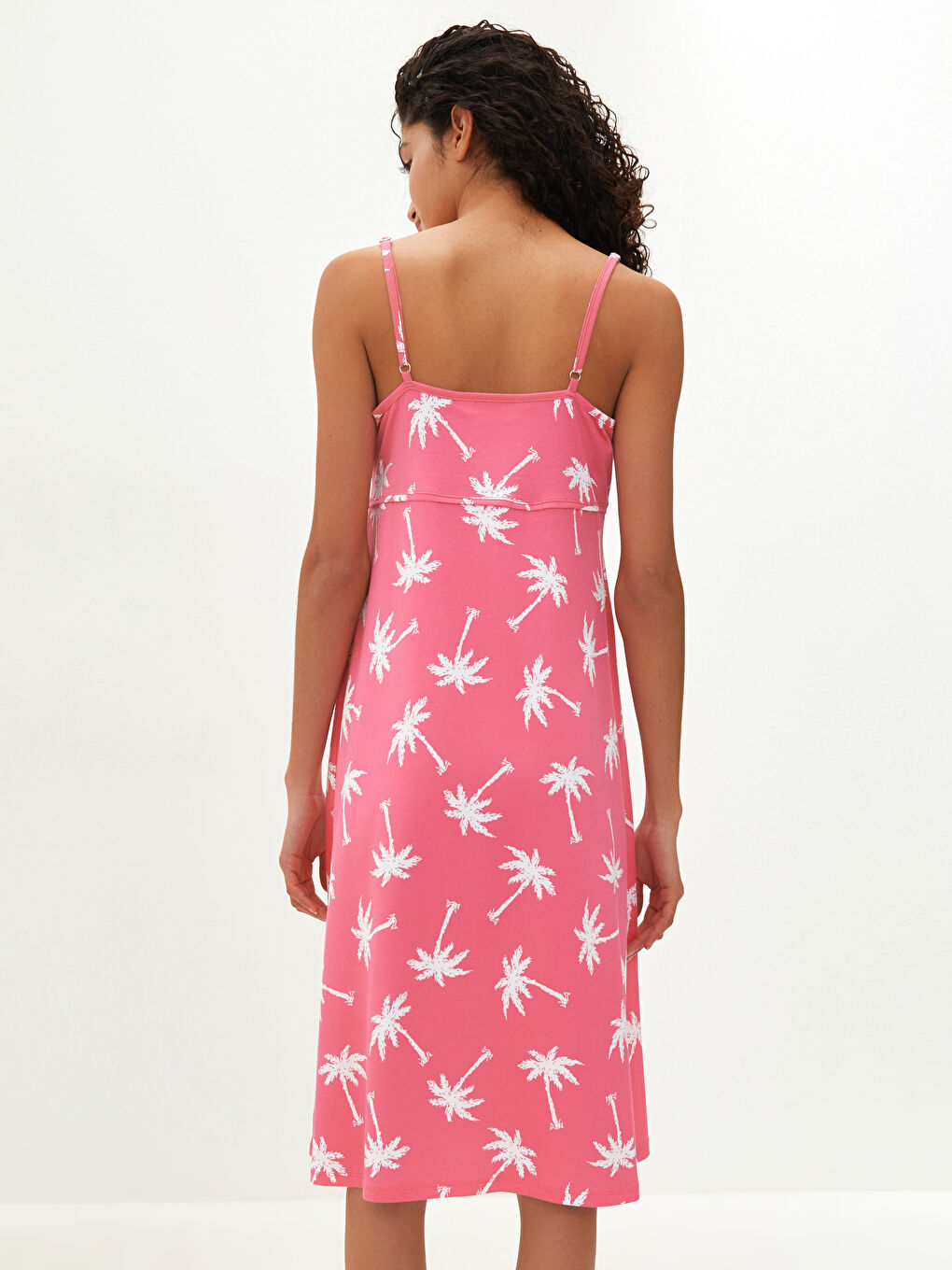 Pembe U Yaka Baskılı Askılı Pamuklu Kadın Gecelik-4