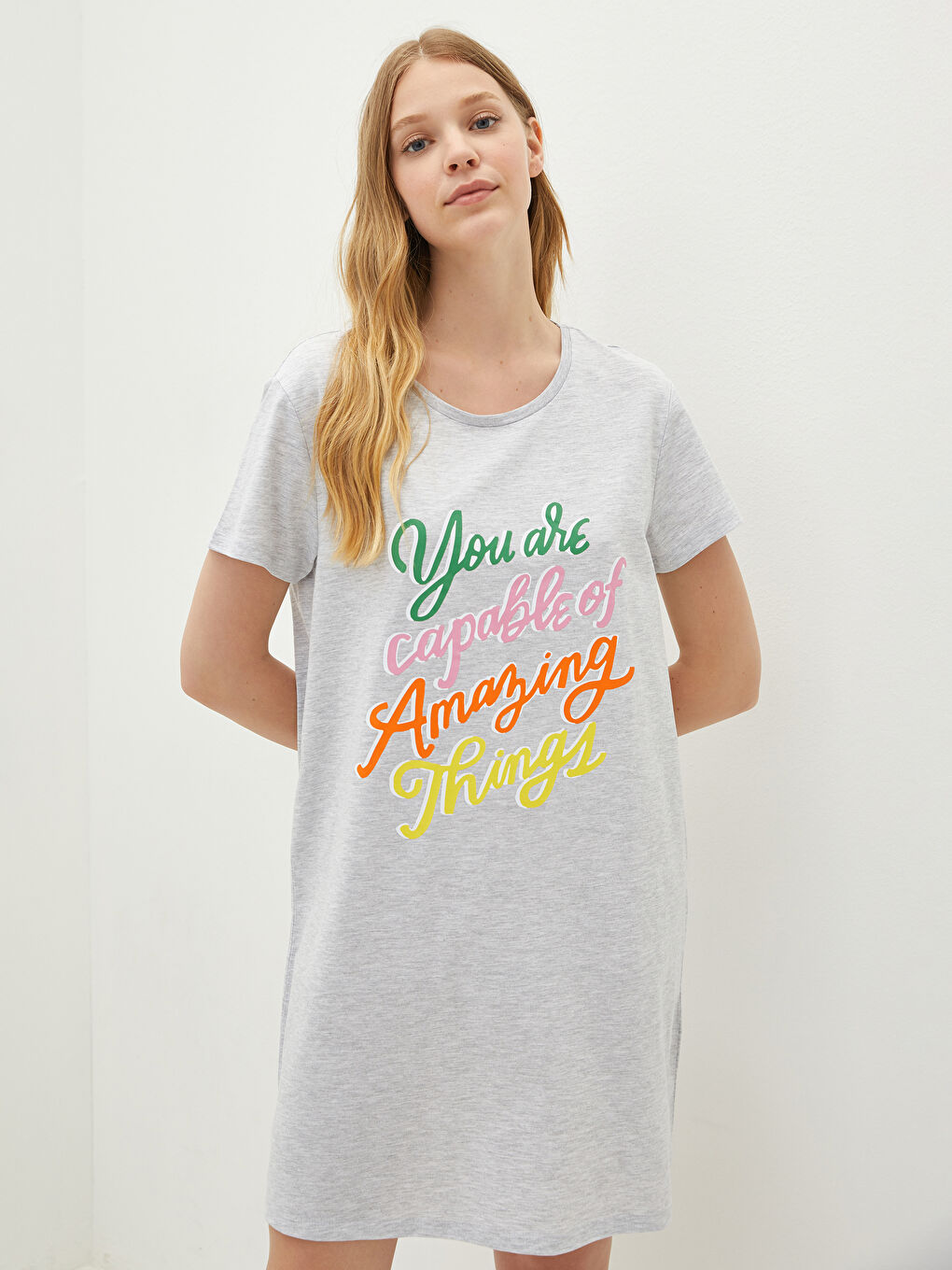 Круглый вырез с принтом короткий рукав Женская ночная сорочка-1