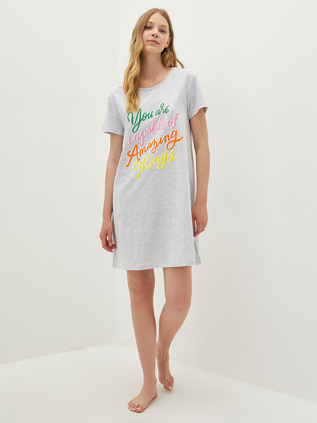 Круглый вырез с принтом короткий рукав Женская ночная сорочка-2