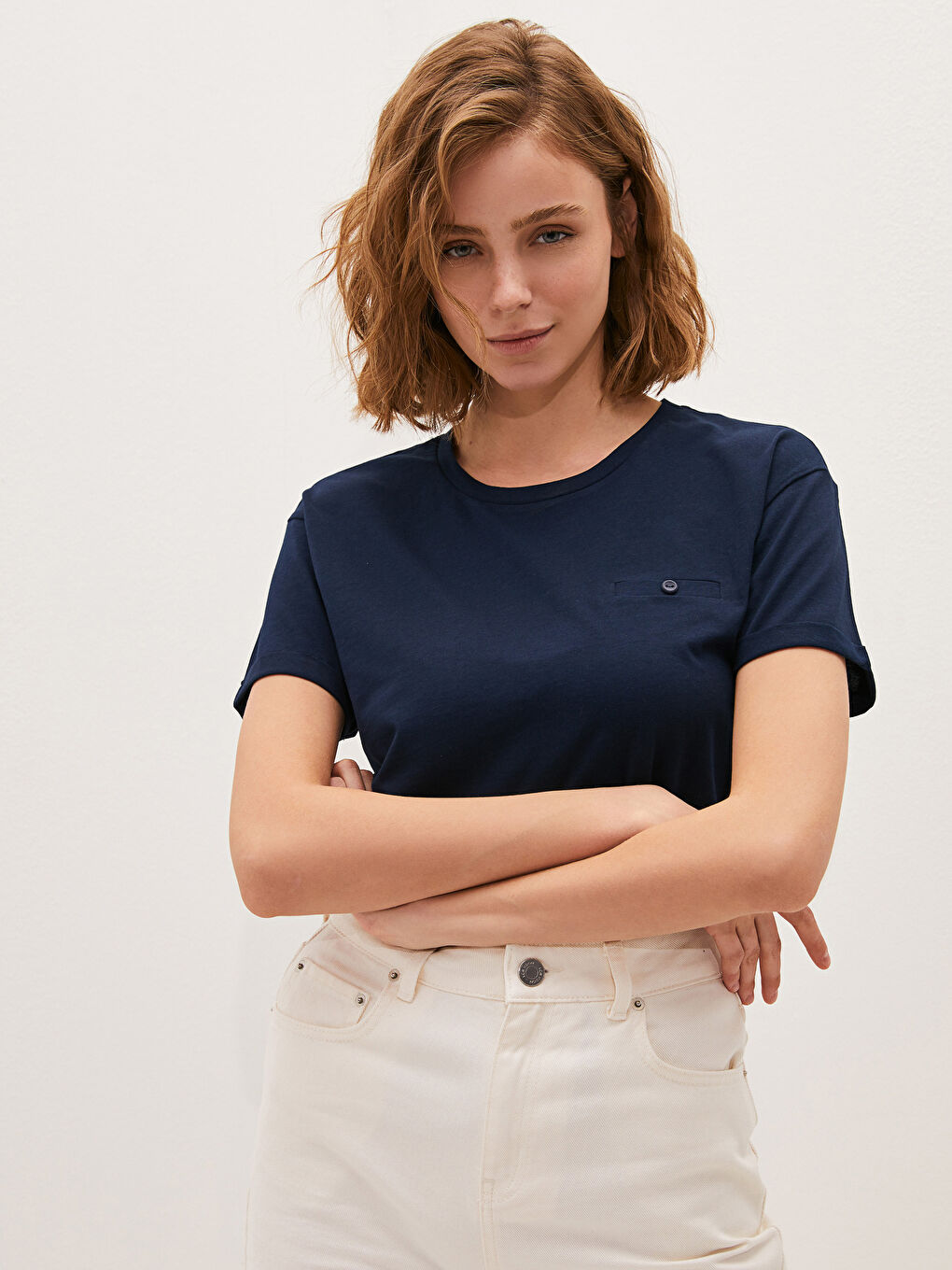 Lacivert Bisiklet Yaka Düz Kısa Kollu Pamuklu Kadın Tişört-1