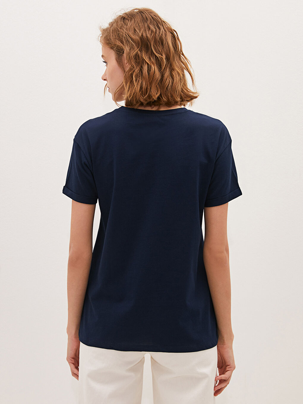 Lacivert Bisiklet Yaka Düz Kısa Kollu Pamuklu Kadın Tişört-4