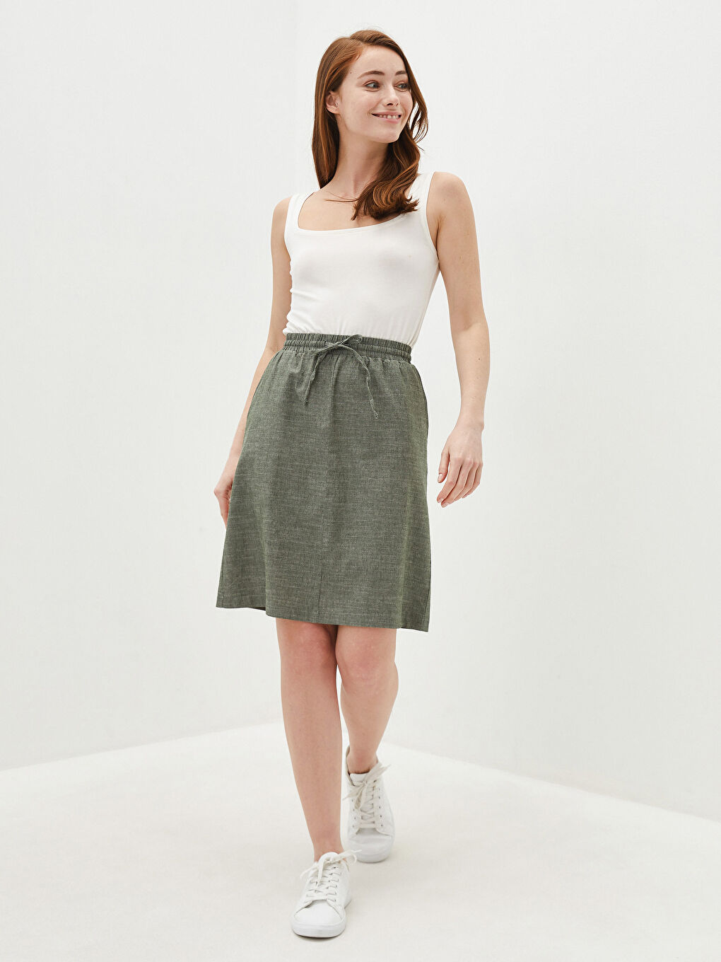 Юбка Женская Хлопковая Однотонная С Эластичной Талией И Карманами-1
