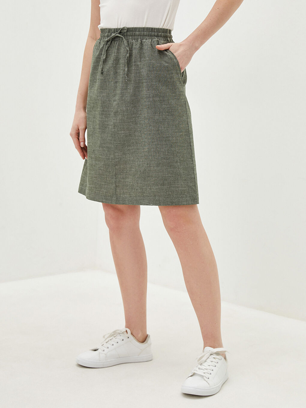 Юбка Женская Хлопковая Однотонная С Эластичной Талией И Карманами-2