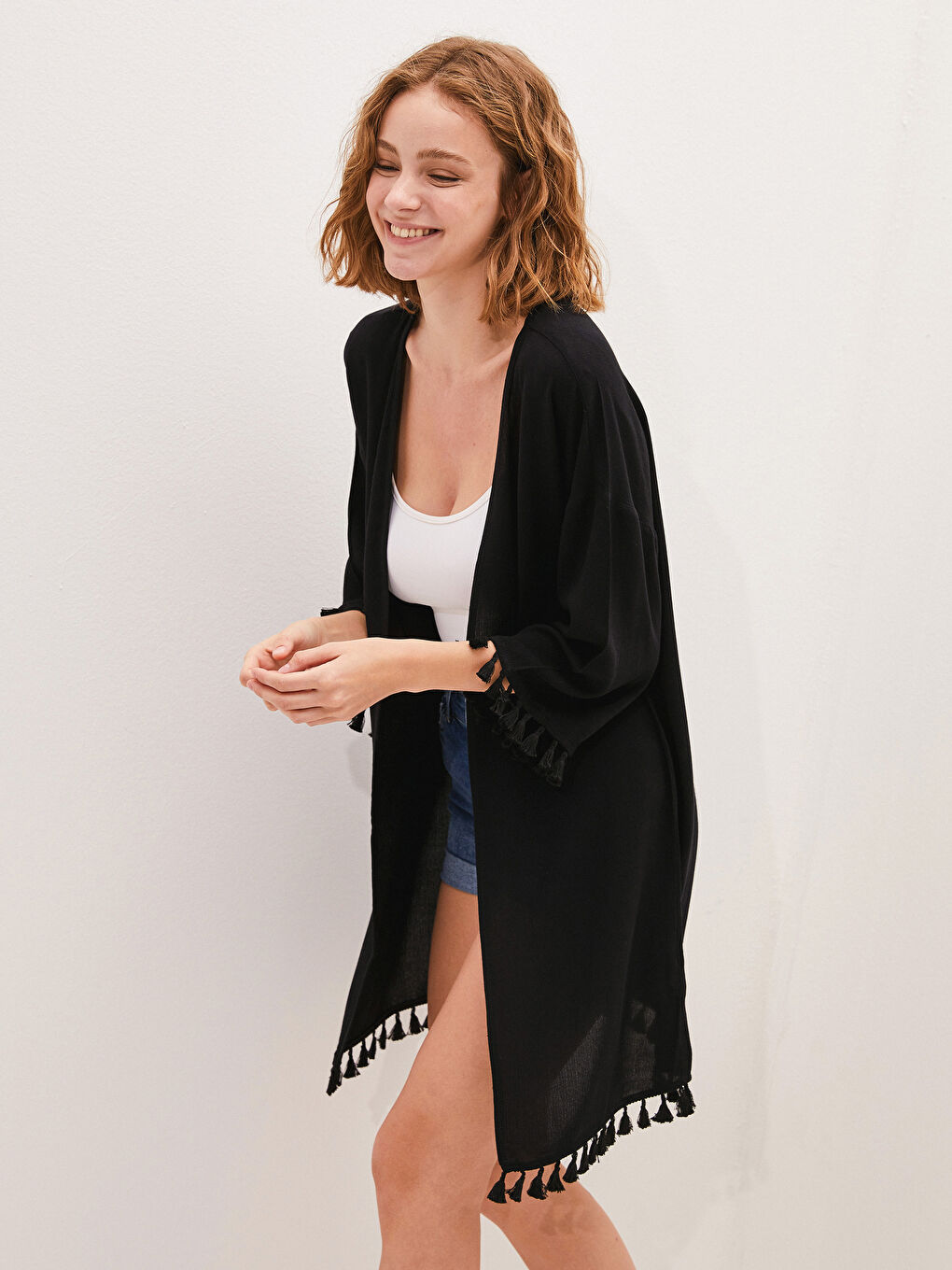 Tassel Detailed Crinkle Fabric Women's Kimono